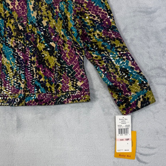 Ruby Rd. Petite Women's Jacket Multi Color Geometric Print Button Front Size 10P - Picture 7 of 12